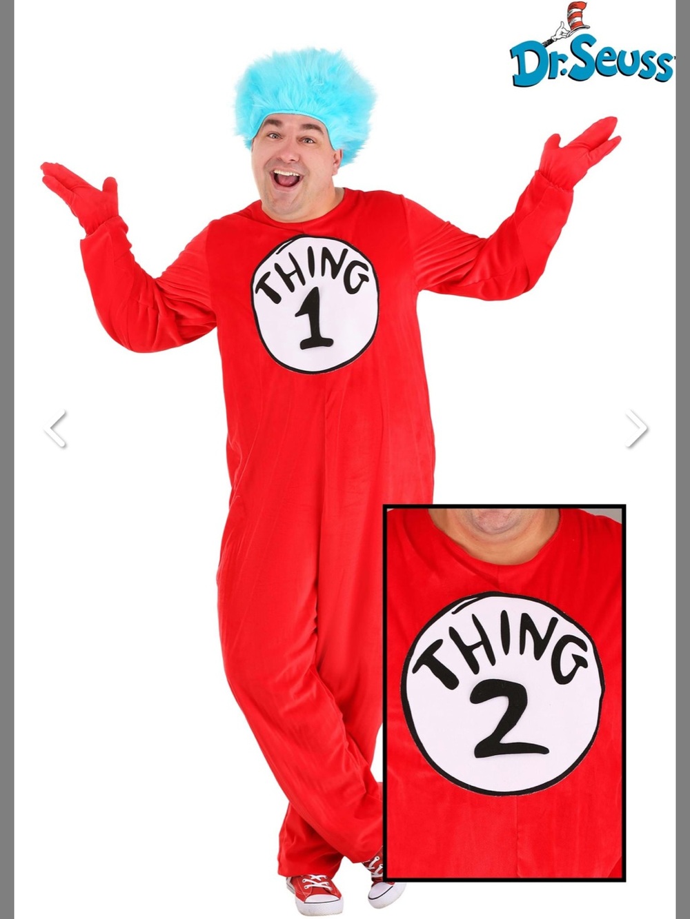 Dr Seuss Thing 1 Or 2 Adult Halloween Costume XL With Blue Wig